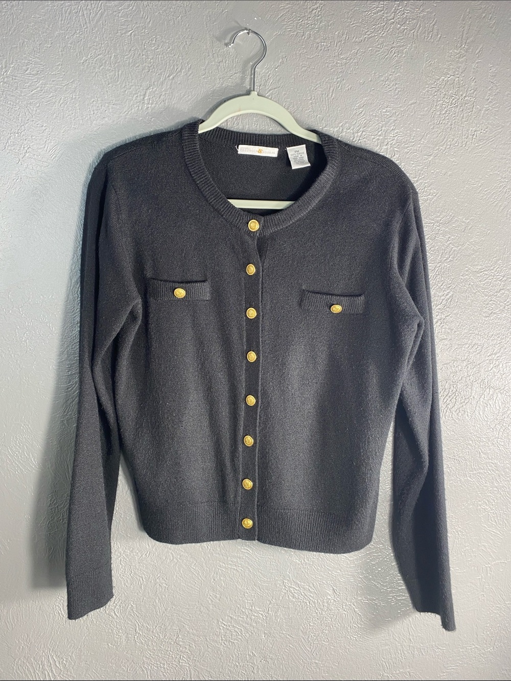 Preswick & Moore Cardigan Womens PM Gray Gold Button Lady Jacket Sweater